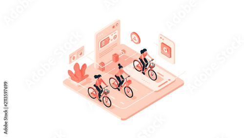 Isometric Smart Mobility App Illustration Featuring Women Cycling