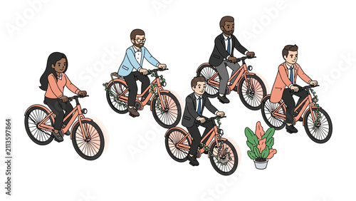 Diverse Business Professionals Commuting on Eco-Friendly Bicycles with Green Vines