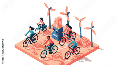Isometric Illustration of People Cycling Near Wind Turbines and Green Energy Infrastructure