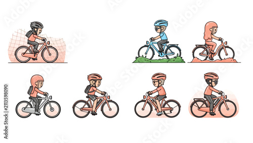 Set of vector cartoon characters riding bicycles, diverse cyclists in flat style.