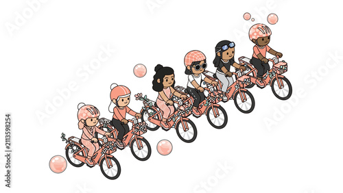 Diverse Group of Women Riding Pink Bicycles - Cute Cartoon Illustration of Eco-Friendly Transportation and Community Friendship on White Background