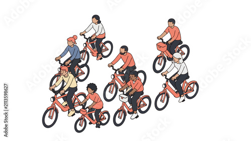 Diverse Group Riding Electric Bicycles Isometric Illustration, Sustainable Urban Mobility and Green Commuting Concept