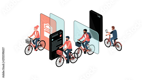 Isometric People Riding Bicycles with Smartphone App Screens and Digital Interfaces for Smart City and Delivery Services