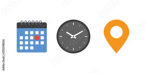 Date Time Location Icons — Flat Calendar Clock and Map Pin, Event Schedule Info Set, Isolated Cutout

