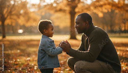 Caring father crouching in a vibrant autumn park holding his young son's hands, creating a heartwarming and protective atmosphere