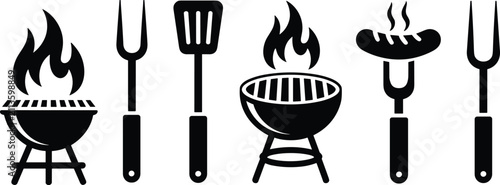 Photos Barbecue grill and picnic utensils black silhouette icons set with spatula fork