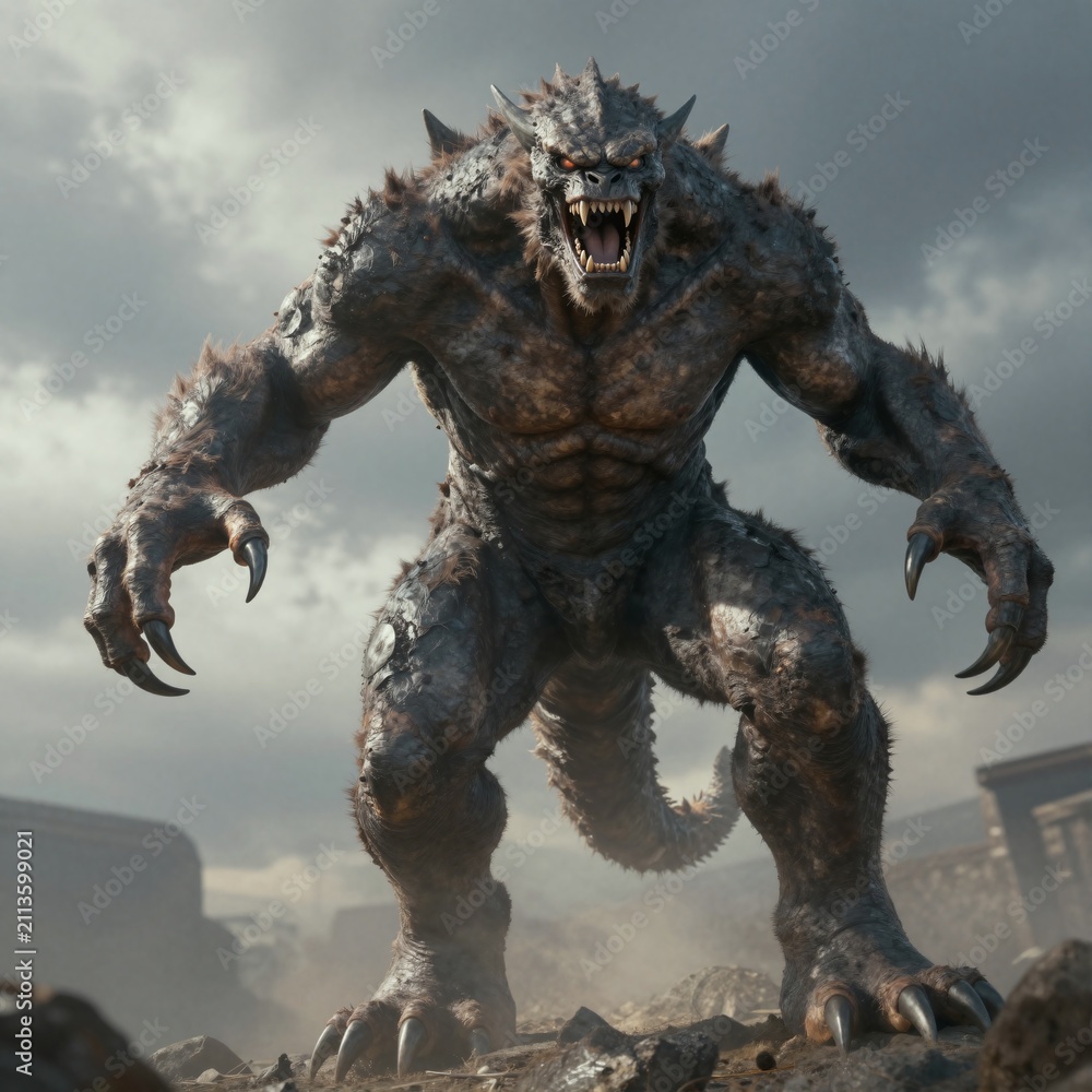 Fototapeta premium Gigantic monstrous creature with sharp claws and glowing red eyes looms menacingly