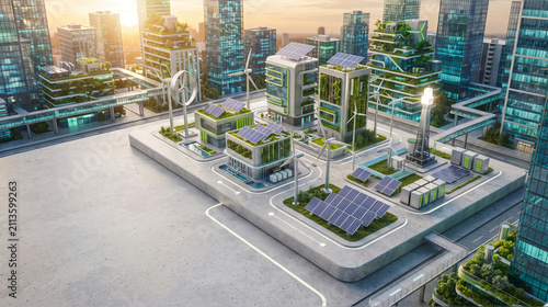 Eco-friendly city model featuring sustainable buildings and solar energy infrastructure sits on a pedestal.