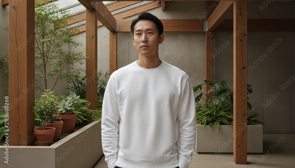 Fototapeta premium East Asian man wearing a blank white crewneck sweatshirt in a modern loft garden
