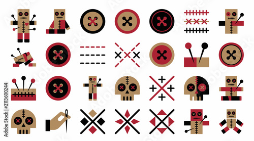 Quadro su tela Set of voodoo doll icons and sewing accessories including buttons needles skulls