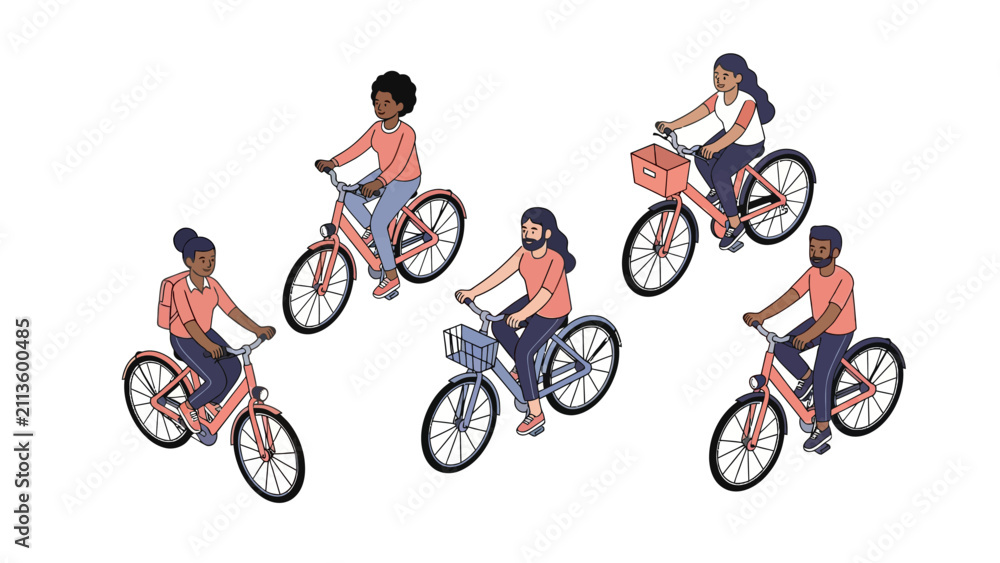Naklejka premium Isometric Illustration of Diverse People Riding Bicycles