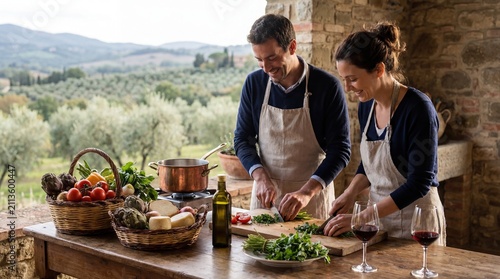 Couple cooking together in a rustic kitchen during a culinary retreat in Tuscany