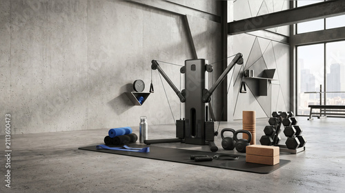 Gym equipment stands organized on a yoga mat within a modern industrial fitness studio space.