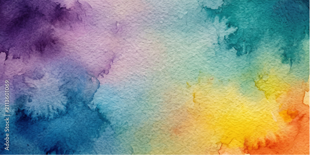 Fototapeta premium Vibrant watercolor splashes of purple, blue, green, yellow, and orange blend across a textured paper surface, creating a dynamic abstract background.