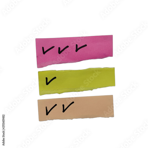 Colorful sticky notes with handwritten check marks isolated on transparent background
