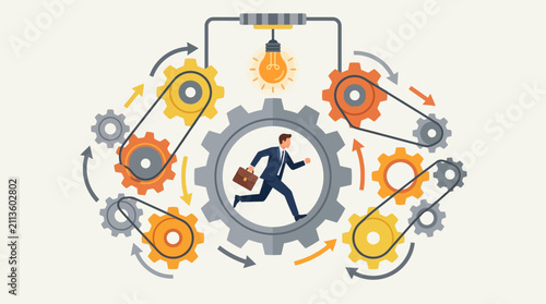 Business Efficiency Concept featuring businessman running inside gear mechanism with lightbulb and arrows, ideal for corporate presentations and productivity blogs.