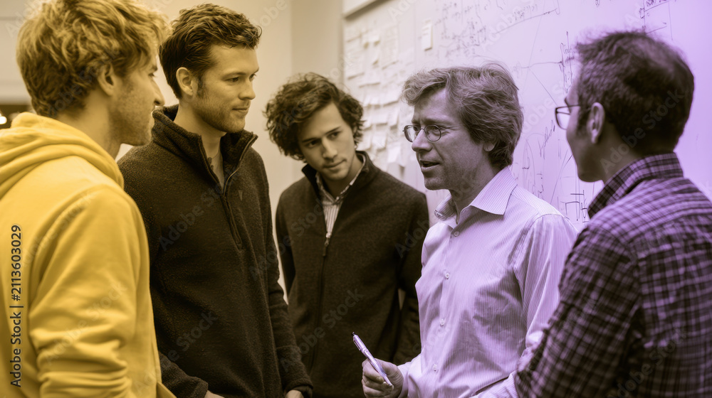 Obraz premium Physics research team discussing scientific ideas at whiteboard during collaborative meeting