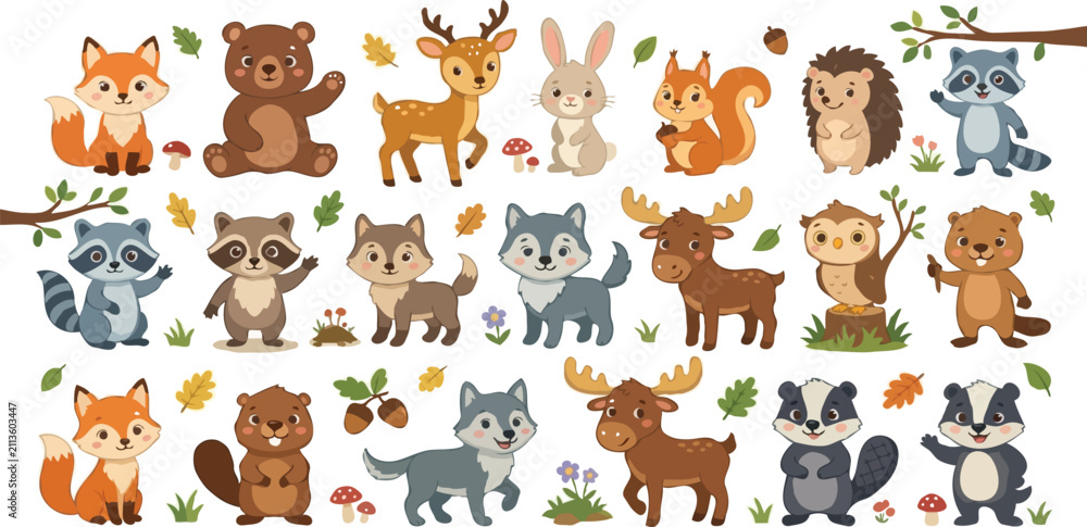 Fototapeta premium Cute forest animals vector collection in flat design style. Adorable wildlife cartoon set for children's books and eco-friendly branding.