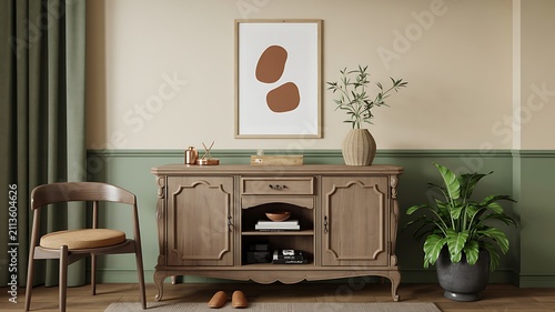 A modern interior design scene featuring a wooden sideboard and minimalist decor