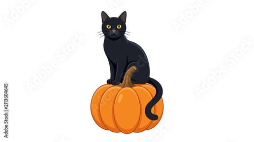 Konstfotografi Black cat with yellow eyes sits upright on a vibrant orange pumpkin, facing forward with a calm expression against a white background