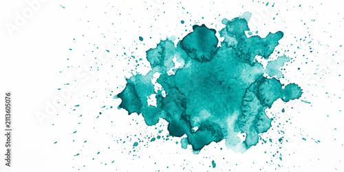 Abstract splash of teal watercolor paint on a white background, resembling an explosion of color or a natural formation.
