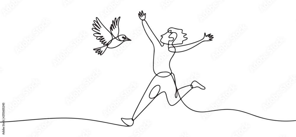 Fototapeta premium Person jumps with joy near a flying bird in this continuous line drawing.