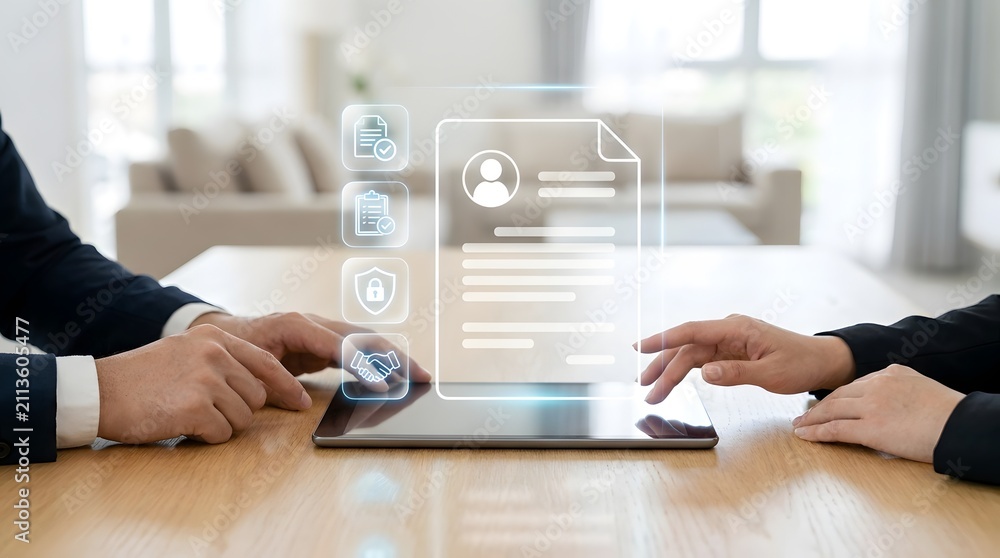 Fototapeta premium Digital contract signing with glowing icons on tablet screen