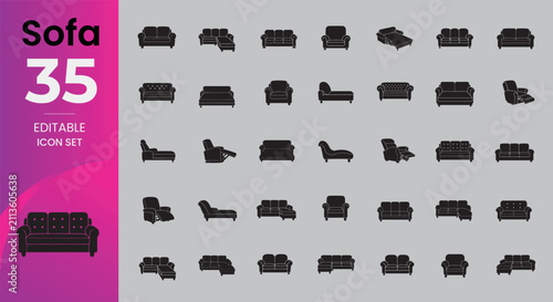 Cuadro en lienzo A comprehensive collection of thirty five black sofa and couch icons representin