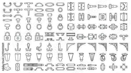 Vintage furniture hardware icons set, antique metal cabinet handles and door hinges vector, industrial drawer pulls and locks collection