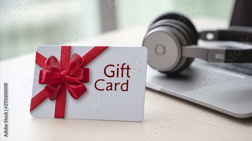 Gift card with red ribbon on laptop desk and headphones