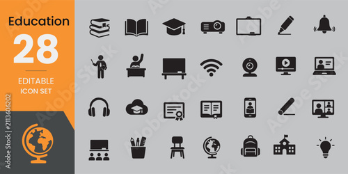 Obraz na płótnie A comprehensive collection of twenty eight black education icons representing va