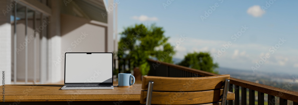 Obraz premium 3D Illustration of Laptop with Blank Screen Mockup on Wooden Table on Modern Balcony with Scenic View