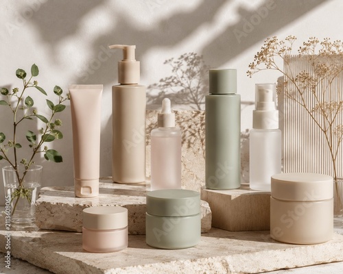 Luxury cosmetic packaging mock-up featuring matte blush pink, warm sand beige, soft sage green, muted cream and frosted glass containers, elegant geometric composition, minimal editorial styling, prem