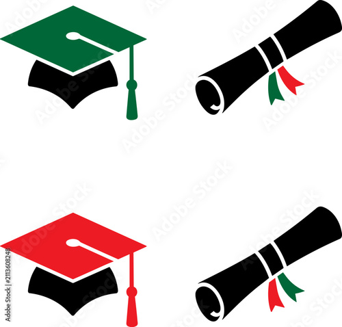 Graduation caps and diplomas in green and red against a white background for educational concepts