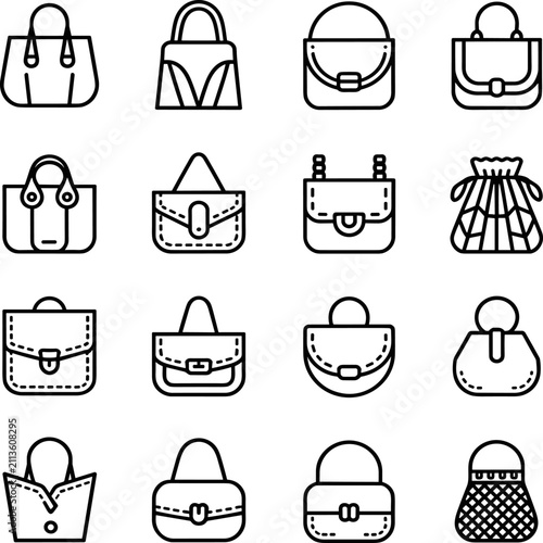 Collection of modern linear handbag icons on a white background representing diverse fashion accessories