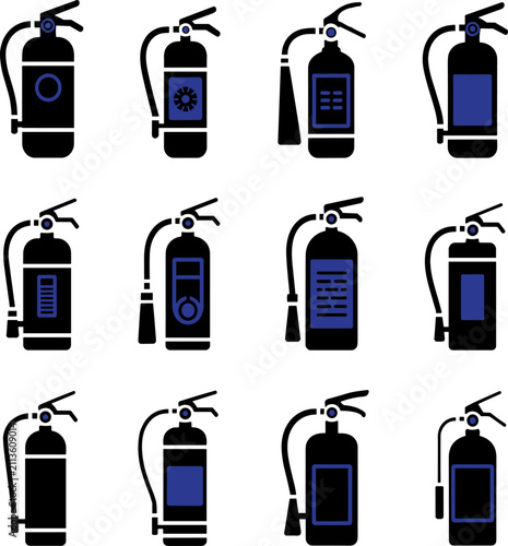 Fire extinguisher icons with blue accents on white background representing safety equipment and emergency response services