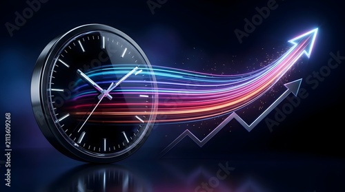 Futuristic Clock Face with Glowing Light Trails Forming an Upward Arrow Symbolizing Fast Growth