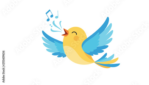 Cheerful cute little yellow bird singing happily with blue wings open and musical notes flying in the air vector icon.