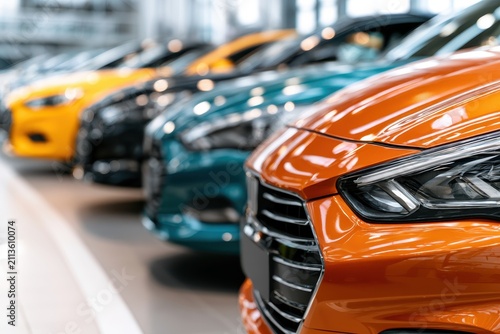 Dealer New Cars Stock. Cars For Sale Lot. Side view of luxury auto parked in a row. Selective focus on red, blue, gray shiny car. Car dealership showroom. Automotive industry sanction crisis concept.