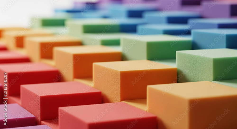 Obraz premium Colorful stacked cubes in a rainbow gradient, representing order, structure, and diversity, ideal for abstract or design concepts.