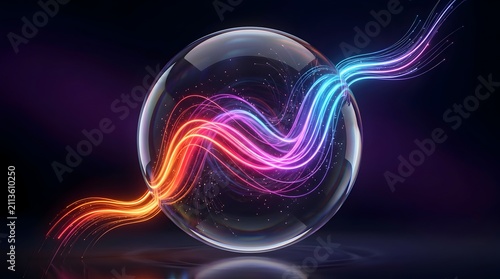 Abstract Transparent Glass Sphere with Flowing Neon Pink and Blue Fiber Optic Light Waves