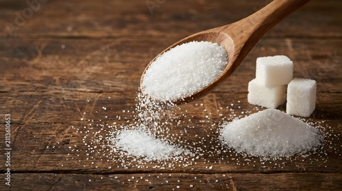 Sugar pouring from a wooden spoon onto a table