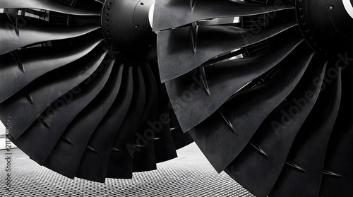 Close up of modern jet engine turbine fan blades made of carbon fiber composite material in aerospace engineering factory