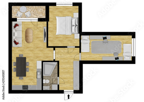 Apartment flat top view 2d render apartment floor plan 2D Floor plan of a home Modern home interior