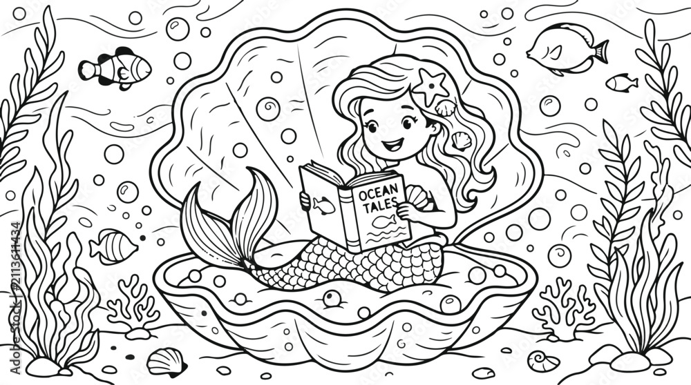 Fototapeta premium Cute little mermaid sitting in a large seashell underwater with fish and seaweed coloring page for kids