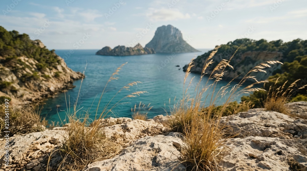 Fototapeta premium Panoramic view of Es Vedra island from a rocky cliff in Ibiza. Clear blue Mediterranean waters and dry coastal grass create a peaceful summer vibe. Ideal for travel and tourism promotion.