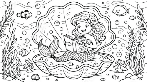 Cute little mermaid sitting in a large seashell underwater with fish and seaweed coloring page for kids