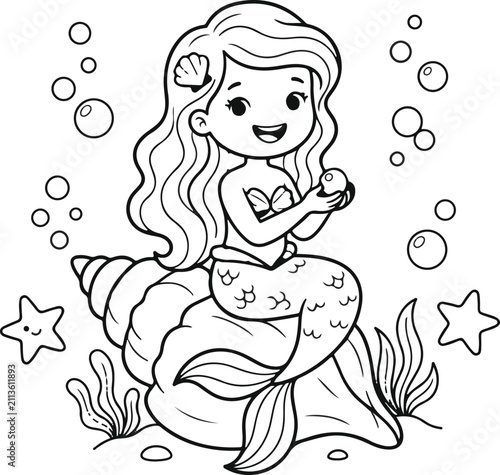 Cute little mermaid sitting on a large seashell surrounded by bubbles and starfish for children coloring book page