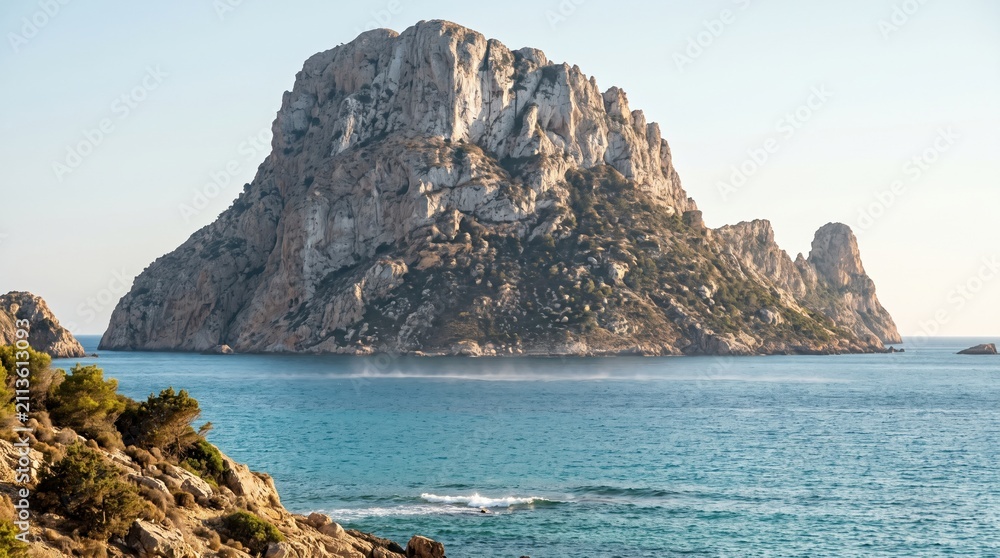 Obraz premium Es Vedra limestone rock island rises from the Mediterranean sea near Ibiza. The scene captures a peaceful morning atmosphere with clear blue water. Ideal for travel brochures and nature blogs.