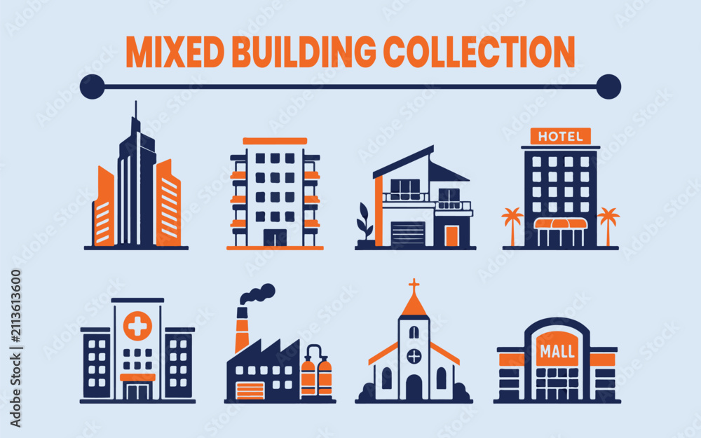 Fototapeta premium Mixed Building Collection – Premium Modern Architecture Vector Icon Set